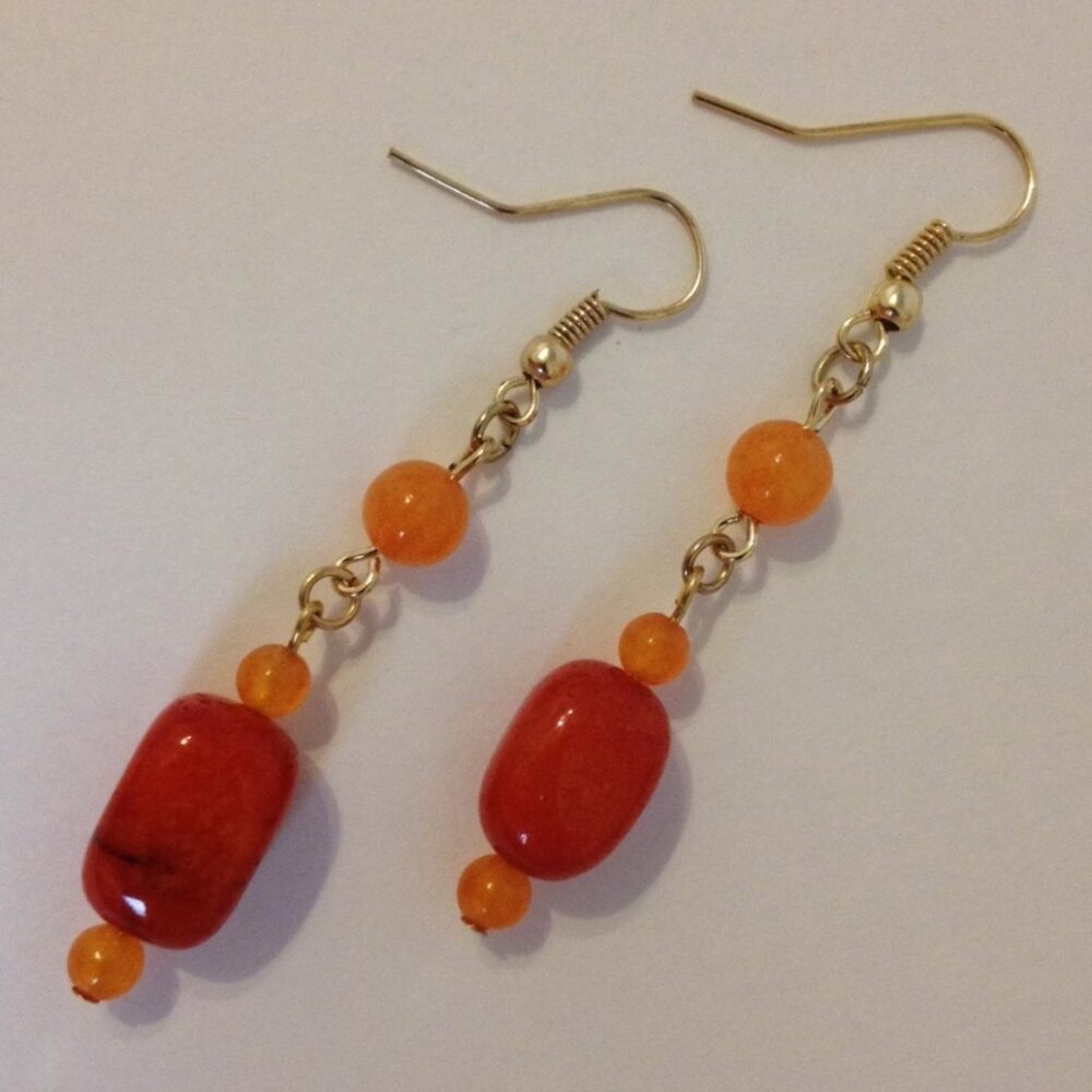 Orange Quartzite Stone Beaded Earrings Handmade Gold Tone Metal Dangle Hook New